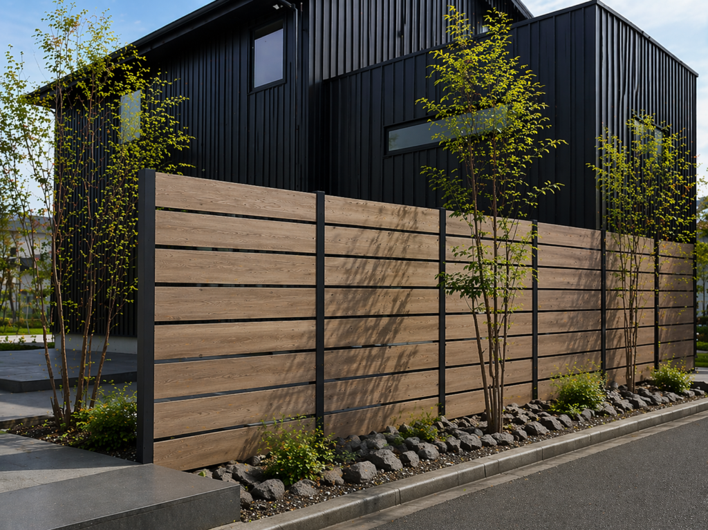 外構、木製フェンスと樹木のイメージ